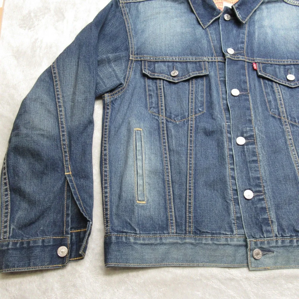 Levis Denim Jacket Men Medium Blue Button Relaxed‎ Trucker Hippie Whisker Patch - Picture 8 of 16